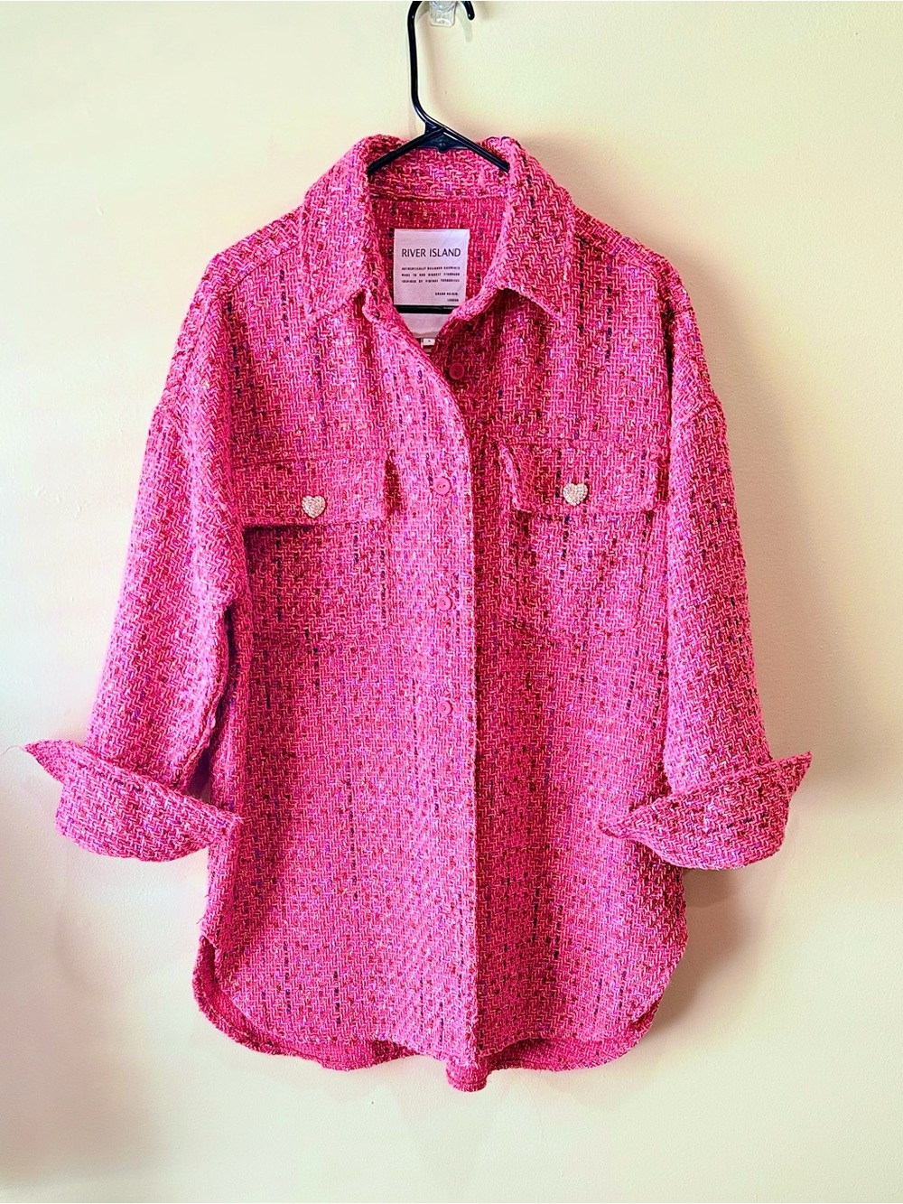 River Island Pink Bouclé Tweed Shirt Jacket Heart Buttons Small Shacket